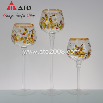 Flowered thick glass candle stick holder luxury set